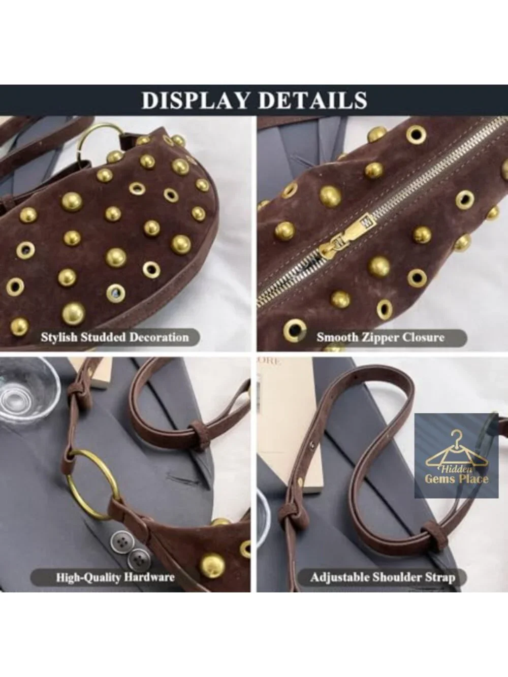 Studded Hobo Crescent Bag Y2K Shoulder Bag Faux Suede Purse for Women